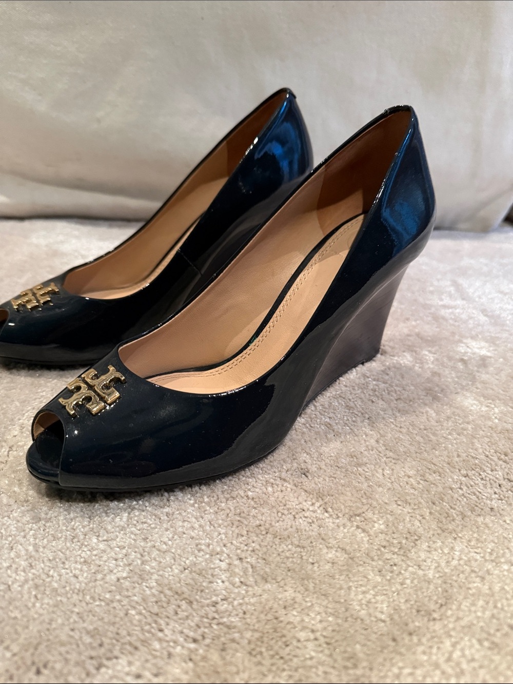 Tory Burch Black Patent Leather Peep-Toe Wedge Pumps with Gold Logo Accent